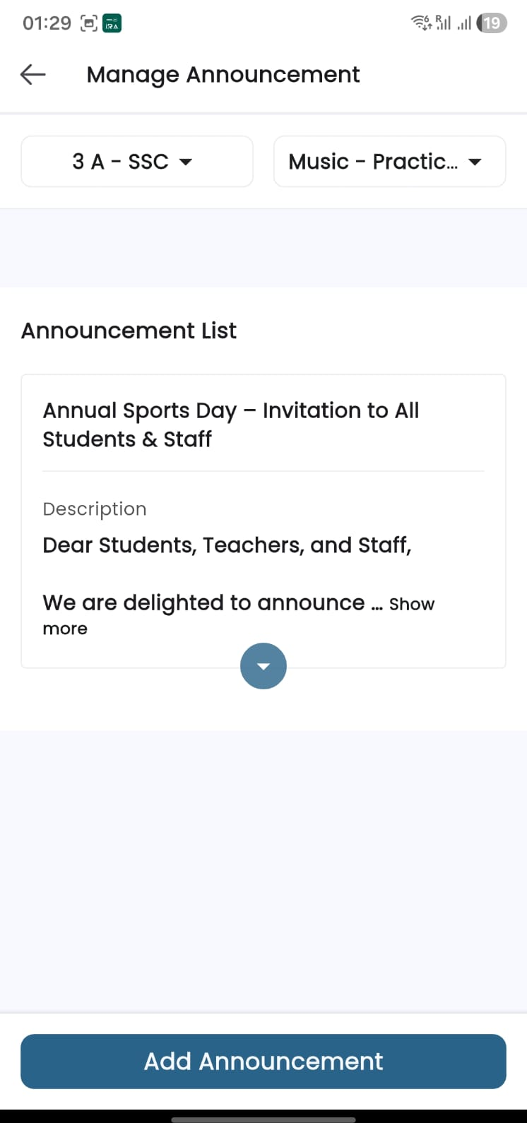 Classix360 announcement screen for school communication