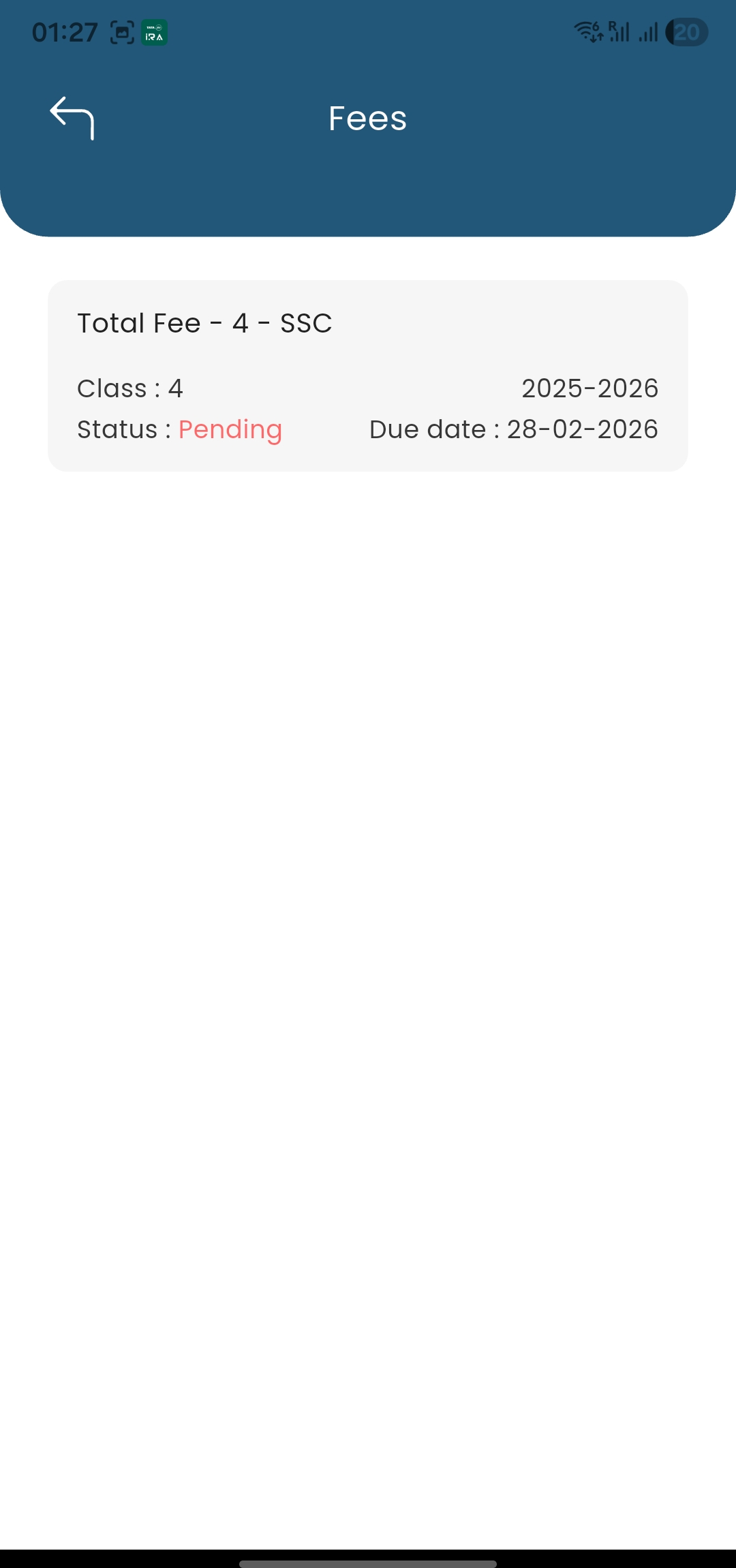 Classix360 parent app fee screen showing fee status and due date