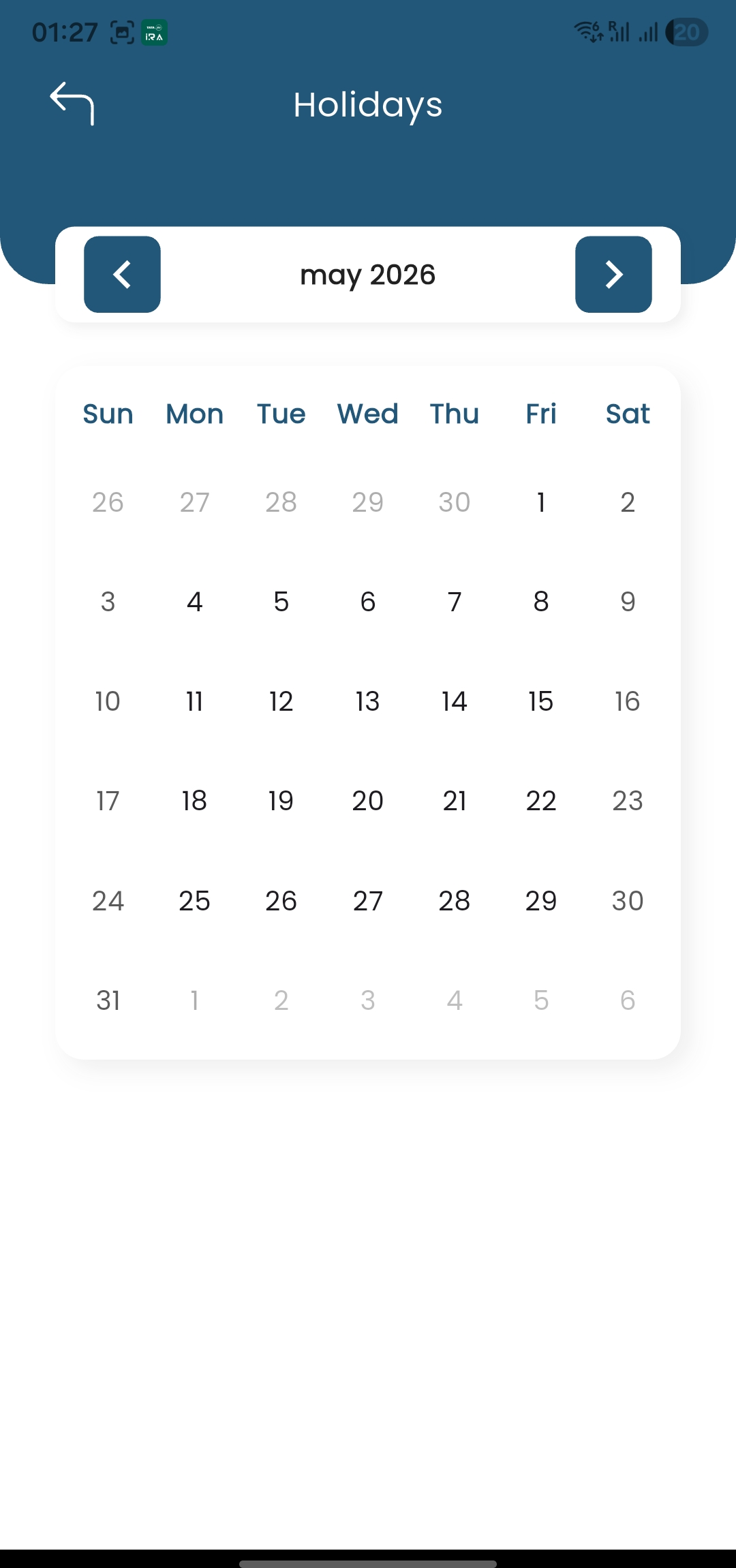 Classix360 holiday calendar screen for school parents