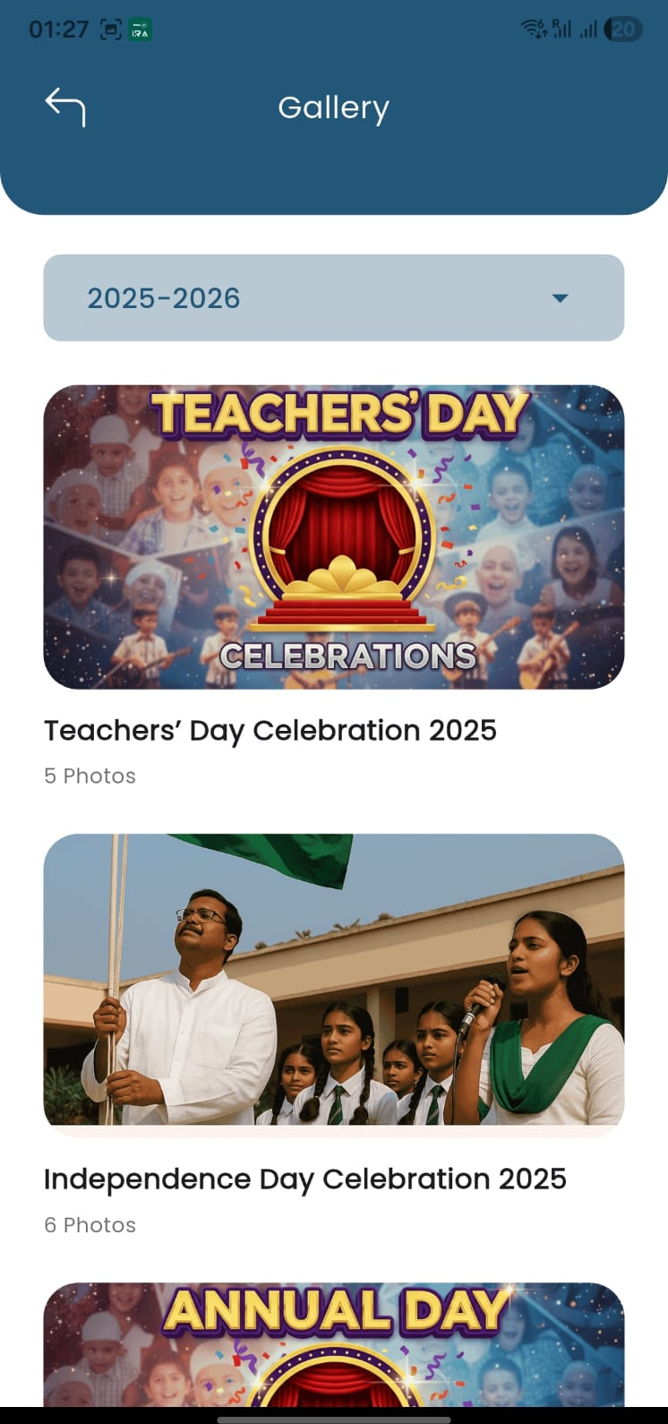 Classix360 parent app gallery screen with school event updates