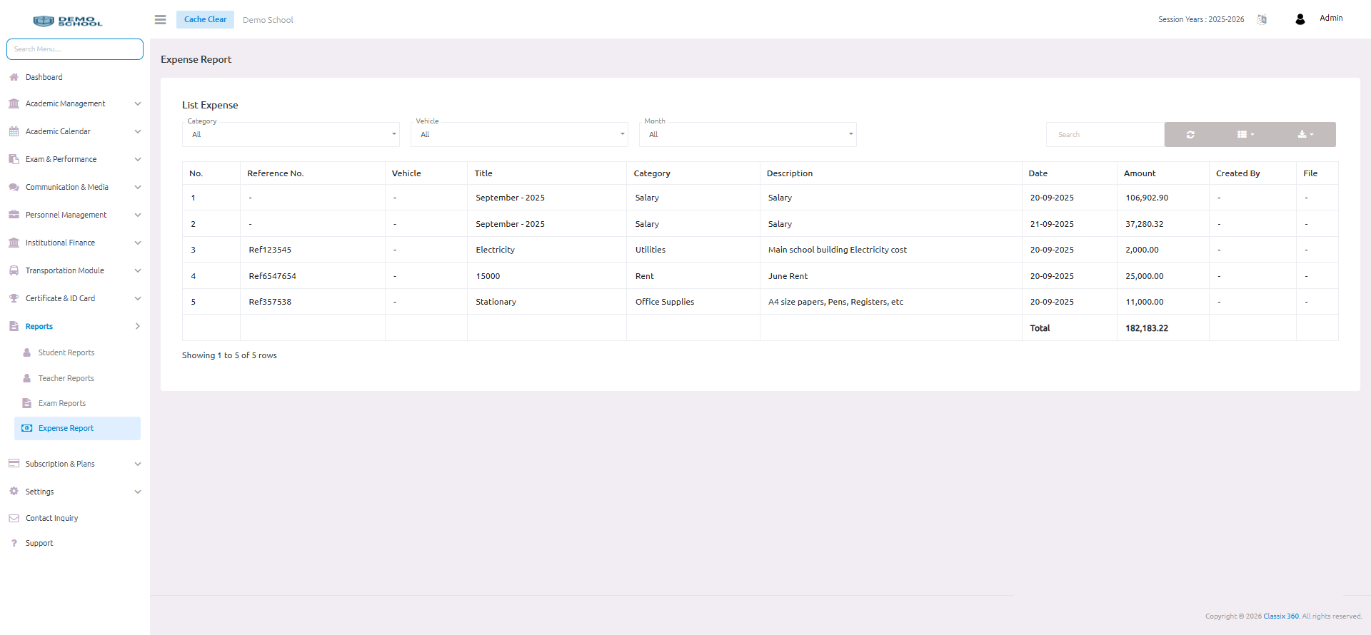 Classix360 fee and expense report screen for school leaders