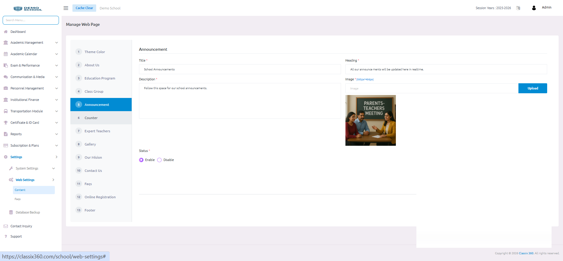 Classix360 web announcement management screen