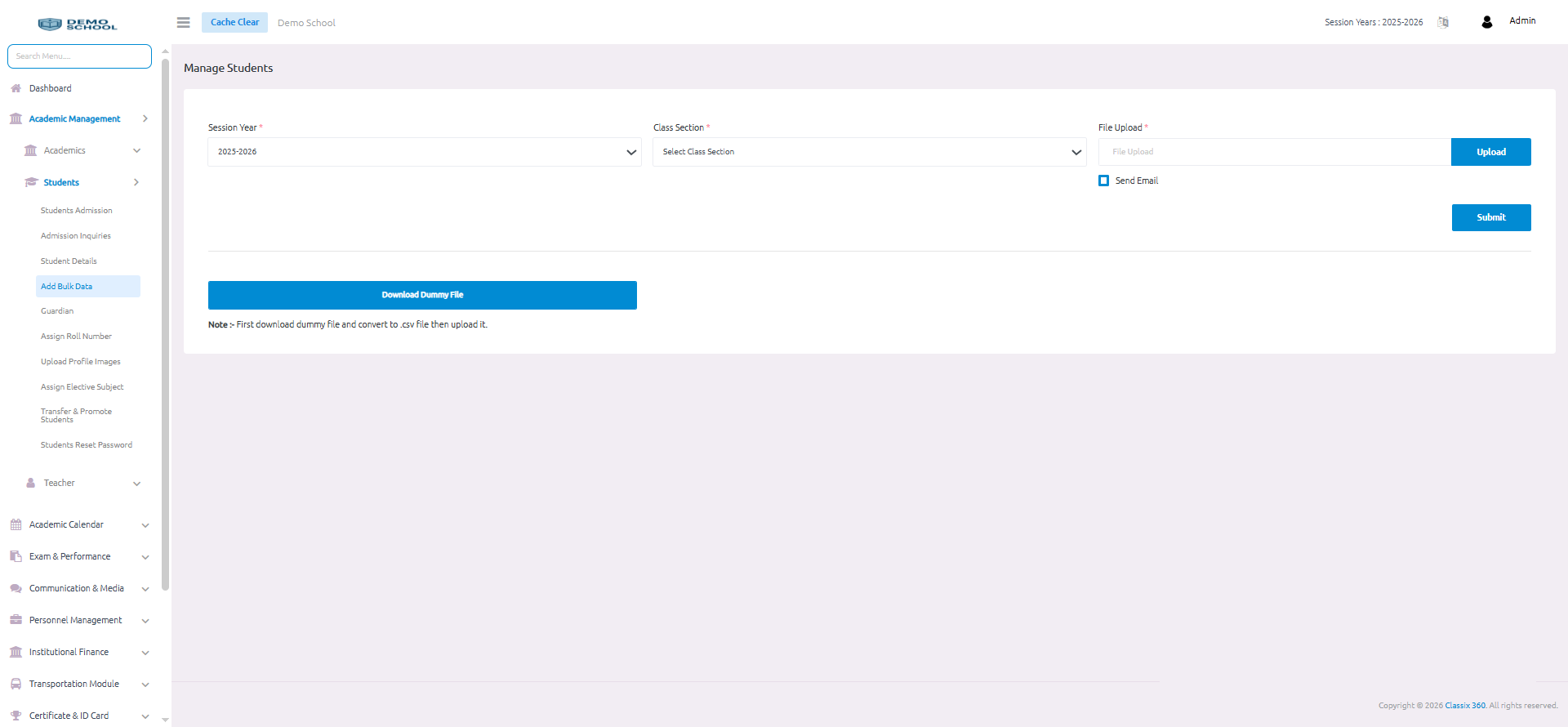 Classix360 student admission ERP form
