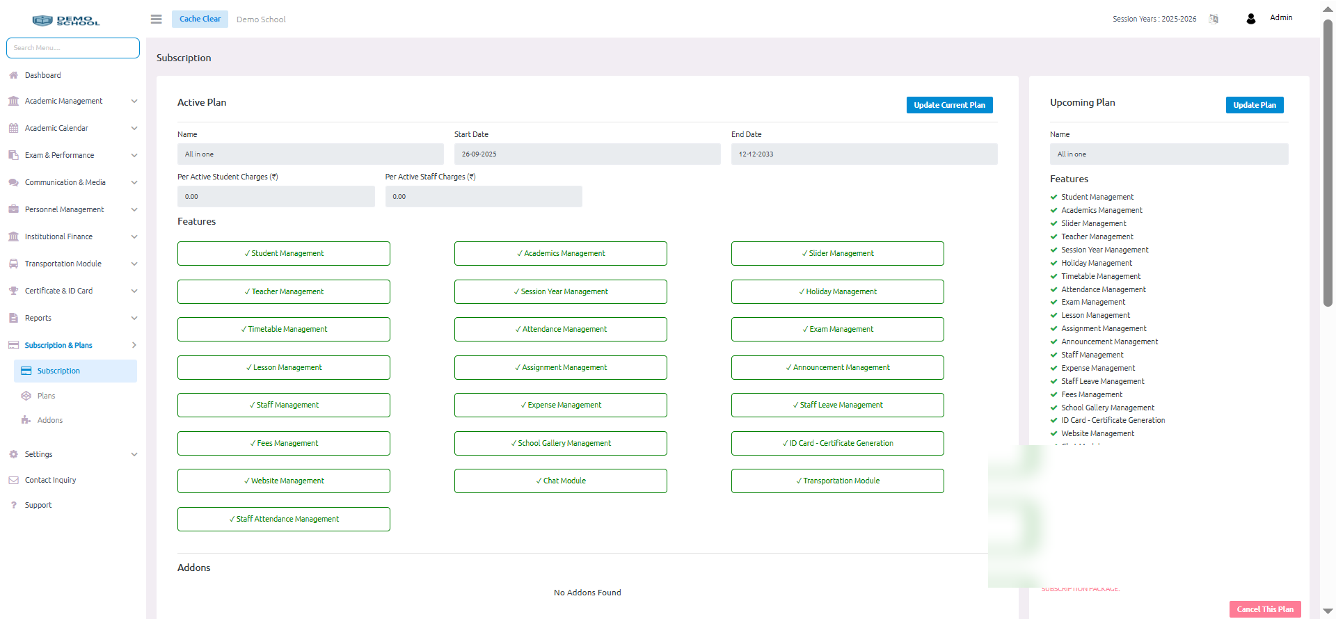 Classix360 subscription plan web admin screen